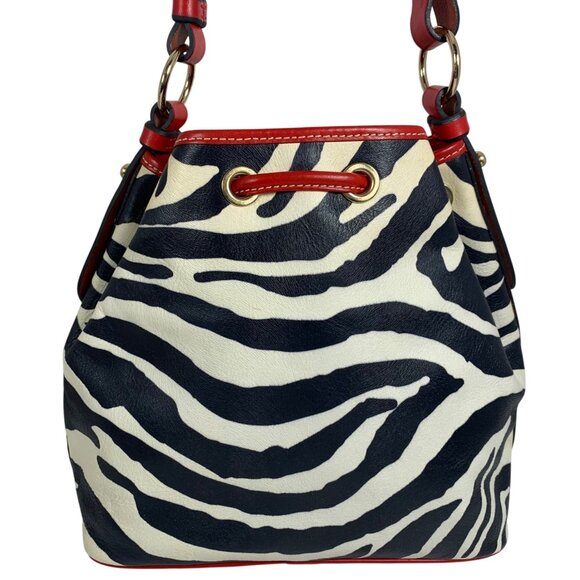 DOONEY BOURKE Zebra Drawstring Bucket Bag Red Leather Trim Buckle Strap EUC - Picture 4 of 15